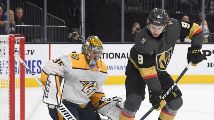 LAS VEGAS, NEVADA - OCTOBER 15: Cody Glass #9 of the Vegas Golden Knights tries to get a shot off against Pekka Rinne #35 of the Nashville Predators in the second period of their game at T-Mobile Arena on October 15, 2019 in Las Vegas, Nevada. (Photo by Ethan Miller/Getty Images)