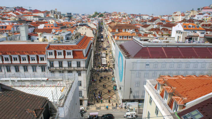 ARCO DA RUA AUGUSTA, LISBON, PORTUGAL - 2018/04/24: Rua Augusta, a walking street in central Lisbon, as seen from the top of the Arco da Rua Augusta monument. (Photo by Leisa Tyler/LightRocket via Getty Images)