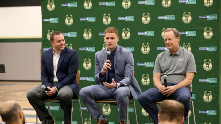 MILWAUKEE, WI - JUNE 25: Milwaukee Bucks general manager Jon Horst and head coach Mike Budenholzer introduce Donte DiVincenzo during a press conference on June 25, 2018 at the Froedtert & The Medical College of Wisconsin Sports Science Center in Milwaukee, Wisconsin. NOTE TO USER: User expressly acknowledges and agrees that, by downloading and/or using this photograph, user is consenting to the terms and conditions of the Getty Images License Agreement. Mandatory Copyright Notice: Copyright 2018 NBAE (Photo by Gary Dineen/NBAE via Getty Images)