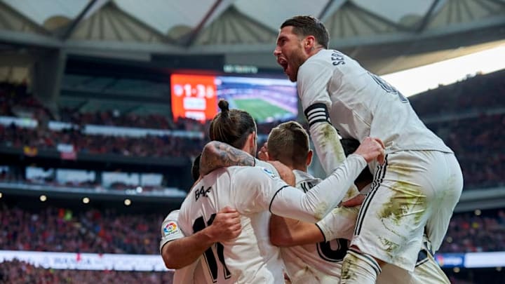 Gareth Bale of Real Madrid celebrates after scoring his sides first goal whit Toni Kroos,Sergio Ramos and Sergio Reguilon during the week 23 of La Liga match between Atletico Madrid and Real Madrid at Wanda Metropolitno stadium on Febreary 09 2019, in Madrid, Spain . (Photo by Jose Breton/NurPhoto via Getty Images)
