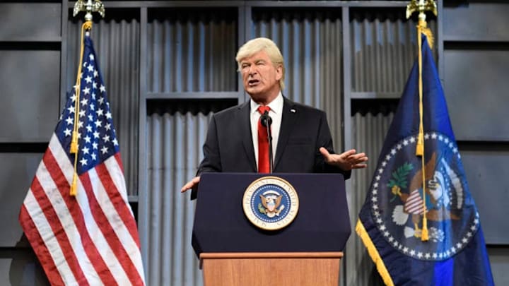 SATURDAY NIGHT LIVE -- 'Kumail Nanjiani' Episode 1728 -- Pictured: Alec Baldwin as President Donald J. Trump during 'Trucker Rally Cold Open' on Saturday, October 14, 2017 in Studio 8H -- (Photo by: Will Heath/NBC/NBCU Photo Bank via Getty Images)