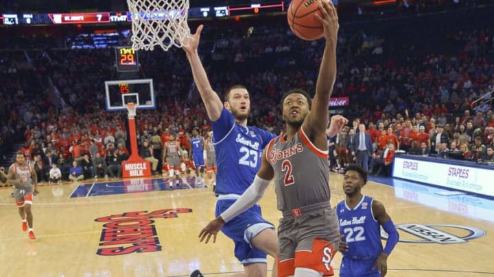 NEW YORK, NY - FEBRUARY 23: Shamorie Ponds #2 of the St. John's Red Storm shoots the ball against the Seton Hall Pirates at Madison Square Garden on February 23, 2019 in New York City. (Photo by Porter Binks/Getty Images)