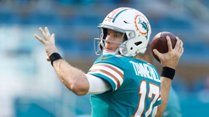 MIAMI, FLORIDA - DECEMBER 23: Ryan Tannehill #17 of the Miami Dolphins warms up prior to their game against the Jacksonville Jaguars at Hard Rock Stadium on December 23, 2018 in Miami, Florida. (Photo by Michael Reaves/Getty Images)