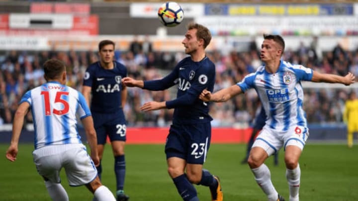 HUDDERSFIELD, ENGLAND – SEPTEMBER 30: Christian Eriksen of Tottenham Hotspur controls the ball while under pressure from Jonathan Hogg of Huddersfield Town during the Premier League match between Huddersfield Town and Tottenham Hotspur at John Smith’s Stadium on September 30, 2017 in Huddersfield, England. (Photo by Michael Regan/Getty Images)