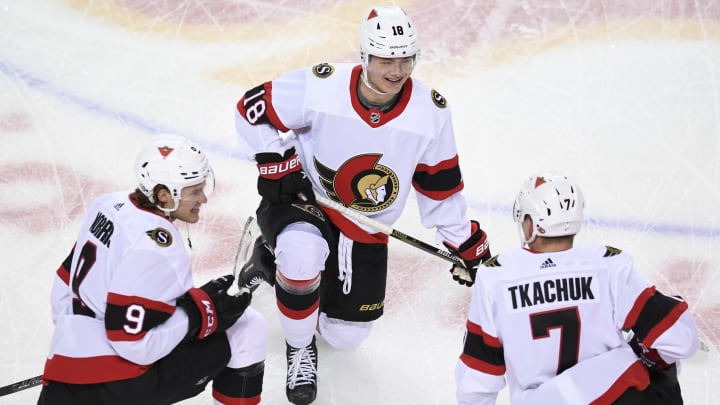 Ottawa Senators forward Josh Norris (9) forward Tim Stuetzle (18) and forward Brady Tkachuk (7) Mandatory Credit: Candice Ward-USA TODAY Sports