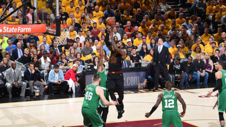 CLEVELAND, OH - MAY 21: LeBron James #23 of the Cleveland Cavaliers shoots the ball against the Boston Celtics in Game Four of the Eastern Conference Finals of the 2018 NBA Playoffs on May 21, 2018 at Quicken Loans Arena in Cleveland, Ohio. NOTE TO USER: User expressly acknowledges and agrees that, by downloading and or using this Photograph, user is consenting to the terms and conditions of the Getty Images License Agreement. Mandatory Copyright Notice: Copyright 2018 NBAE (Photo by Brian Babineau/NBAE via Getty Images)