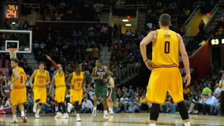 Oct 14, 2014; Cleveland, OH, USA; Cleveland Cavaliers forward Kevin Love (0) stands on defense against the Milwaukee Bucks at Quicken Loans Arena. Cleveland won 106-100. Mandatory Credit: David Richard-USA TODAY Sports