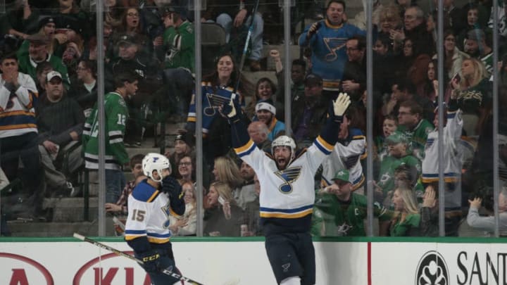 DALLAS, TX - JANUARY 12: Pat Maroon #7 of the St. Louis Blues celebrates a goal against the Dallas Stars at the American Airlines Center on January 12, 2019 in Dallas, Texas. (Photo by Glenn James/NHLI via Getty Images)