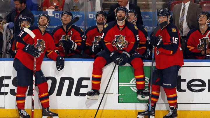 SUNRISE, FL – APRIL 22: Aleksander Barkov #16 of the Florida Panthers and teammates Jaromir Jagr #68 and Jonathan Huberdeau #11 watch as a goal is reviewed in the third period against the New York Islanders in Game Five of the Eastern Conference First Round during the 2016 NHL Stanley Cup Playoffs at the BB&T Center on April 22, 2016 in Sunrise, Florida. (Photo by Eliot J. Schechter/NHLI via Getty Images)