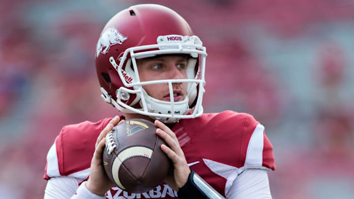 FAYETTEVILLE, AR - SEPTEMBER 5: Austin Allen #8 of the Arkansas Razorbacks warms up before a game against the UTEP Miners at Razorback Stadium on September 5, 2015 in Fayetteville, Arkansas. The Razorbacks defeated the Miners 48-13. (Photo by Wesley Hitt/Getty Images)
