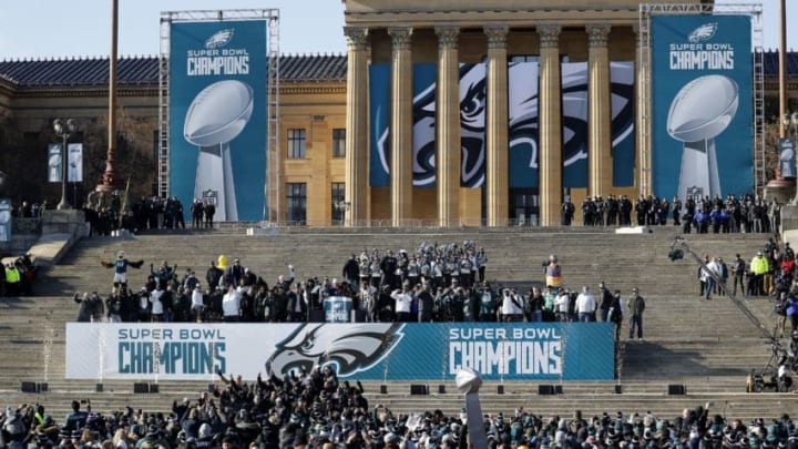 PHILADELPHIA, PA - FEBRUARY 08: Members of the Philadelphia Eagles celebrate during a ceremony honoring their Super Bowl win on February 8, 2018 in Philadelphia, Pennsylvania. (Photo by Aaron P. Bernstein/Getty Images)