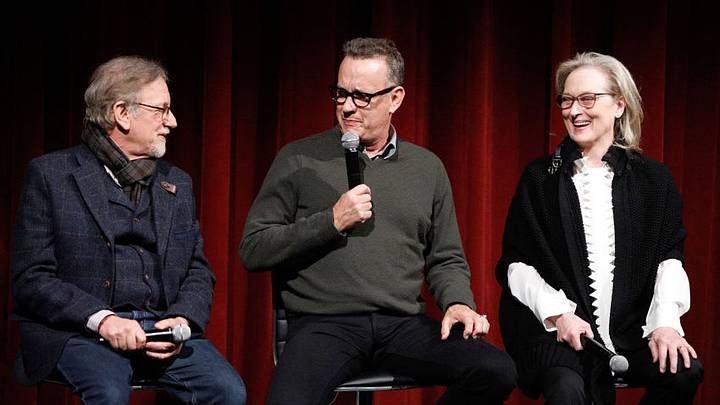 NEW YORK, NY - DECEMBER 07: (L-R) Director and producer Steven Spielberg and actors Tom Hanks and Meryl Streep on stage during The Academy of Motion Picture Arts