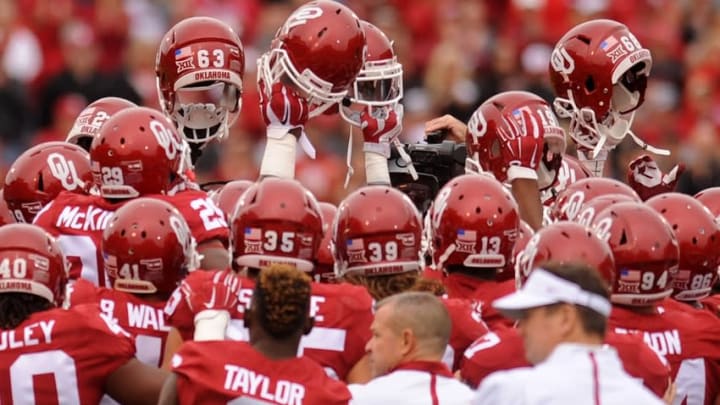 Oct 24, 2015; Norman, OK, USA; The Oklahoma Sooners take the field prior to action against the Texas Tech Red Raiders at Gaylord Family - Oklahoma Memorial Stadium. Mandatory Credit: Mark D. Smith-USA TODAY Sports