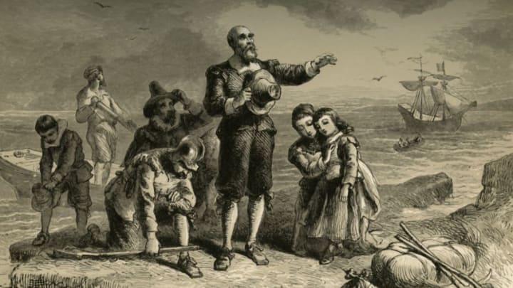 Landing of the Pilgrims', (1877). In 1620, a group of Puritans left Plymouth in England on 'The Mayflower' and arrived on the east coast of what is now the United States of America. Their landing site is known as Plymouth Rock. The settlers founded the Plymouth Colony in Massachusetts. From "Our Country: a Household History for All Readers, from the Discovery of America to the Present Time", Volume 1, by Benson J. Lossing. [Johnson & Miles, New York, 1877]. Artist Albert Bobbett. (Photo by The Print Collector/Getty Images)