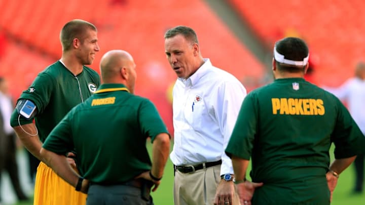 KANSAS CITY, MO - AUGUST 29: Former Green Bay Packers General Manager and current Kansas City Chiefs General Manager John Dorsey greets former staff members prior to the preseason game at Arrowhead Stadium on August 29, 2013 in Kansas City, Missouri. (Photo by Jamie Squire/Getty Images)