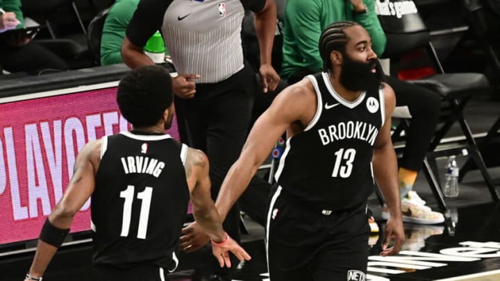 NEW YORK, NEW YORK - MAY 22: James Harden #13 and Kyrie Irving #11 of the Brooklyn Nets (Photo by Steven Ryan/Getty Images)