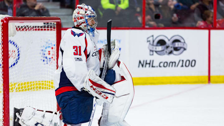 OTTAWA, ON - JANUARY 24: Washington Capitals Goalie Philipp Grubauer (31) takes a knee as he waits during TV time out during second period National Hockey League action between the Washington Capitals and Ottawa Senators on January 24, 2017, at Canadian Tire Centre in Ottawa, ON, Canada. (Photo by Richard A. Whittaker/Icon Sportswire via Getty Images)