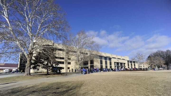 Feb 14, 2015; Lawrence, KS, USA; An exterior view of Allen Fieldhouse before the game between the Baylor Bears and Kansas Jayhawks. Mandatory Credit: John Rieger-USA TODAY Sports