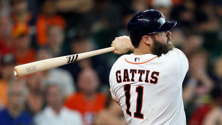 HOUSTON, TX – SEPTEMBER 23: Evan Gattis #11 of the Houston Astros hits a three-run home run in the fifth inning against the Los Angeles Angels of Anaheim at Minute Maid Park on September 23, 2017 in Houston, Texas. (Photo by Bob Levey/Getty Images)