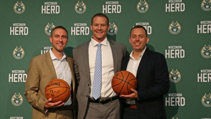OSHKOSH, WI - AUGUST 11: Jon Horst, General Manager of the Milwaukee Bucks, Wisconsin Herd general manager Dave Dean and head coach Jordan Brady pose for a photo during a press conference at the Oshkosh Convention Center on August 11, 2017 in Milwaukee, Wisconsin. NOTE TO USER: User expressly acknowledges and agrees that, by downloading and or using this Photograph, user is consenting to the terms and conditions of the Getty Images License Agreement. Mandatory Copyright Notice: Copyright 2017 NBAE (Photo by Gary Dineen/NBAE via Getty Images)