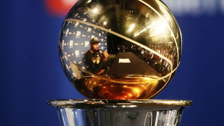 CLEVELAND, CA - JUN 8: the Larry O'Brien trophy is seen at the post game media session after the Golden State Warriors defeating the Cleveland Cavaliers for the NBA Championship in Game Four of the 2018 NBA Finals won 108-85 by the Golden State Warriors over the Cleveland Cavaliers at the Quicken Loans Arena on June 6, 2018 in Cleveland, Ohio. NOTE TO USER: User expressly acknowledges and agrees that, by downloading and or using this photograph, User is consenting to the terms and conditions of the Getty Images License Agreement. Mandatory Copyright Notice: Copyright 2018 NBAE (Photo by Chris Elise/NBAE via Getty Images)