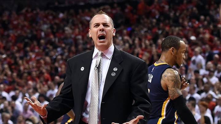 May 1, 2016; Toronto, Ontario, CAN; Indiana Pacer head coach Frank Vogel reacts to a call during the Pacers 89-84 loss to Toronto Raptors in game seven of the first round of the 2016 NBA Playoffs at Air Canada Centre. Mandatory Credit: Dan Hamilton-USA TODAY Sports May 1, 2016; Toronto, Ontario, CAN; Indiana Pacer head coach Frank Vogel reacts to a call during the Pacers 89-84 loss to Toronto Raptors in game seven of the first round of the 2016 NBA Playoffs at Air Canada Centre. Mandatory Credit: Dan Hamilton-USA TODAY Sports