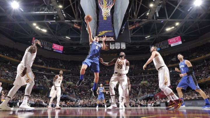 CLEVELAND, OH - OCTOBER 21: Mario Hezonja #8 of the Orlando Magic drives to the basket against the Cleveland Cavaliers on October 21, 2017 at Quicken Loans Arena in Cleveland, Ohio. NOTE TO USER: User expressly acknowledges and agrees that, by downloading and or using this Photograph, user is consenting to the terms and conditions of the Getty Images License Agreement. Mandatory Copyright Notice: Copyright 2017 NBAE (Photo by David Liam Kyle/NBAE via Getty Images)