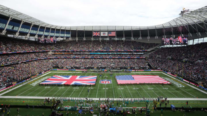 Oct 17, 2021; London, England, United Kingdom; A general overall view of Tottenham Hotspur Stadium with the British and the United States flags on the field during the playing of the national anthem before the NFL International Series game between the Miami Dolphins and the Jacksonville Jaguars. Mandatory Credit: Kirby Lee-USA TODAY Sports