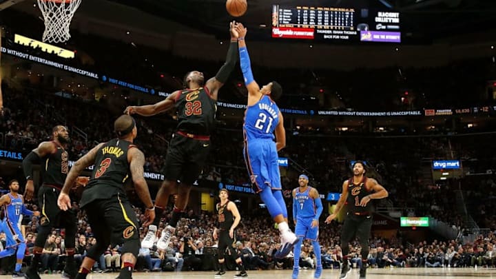 CLEVELAND, OH - JANUARY 20: Jeff Green #32 of the Cleveland Cavaliers and Andre Roberson #21 of the Oklahoma City Thunder battle for a rebound during the second quarter at Quicken Loans Arena on January 20, 2018 in Cleveland, Ohio. NOTE TO USER: User expressly acknowledges and agrees that, by downloading and or using this photograph, User is consenting to the terms and conditions of the Getty Images License Agreement. (Photo by Kirk Irwin/Getty Images)