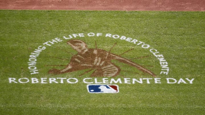 Sep 17, 2015; Pittsburgh, PA, USA; A logo on the field recognizing September 16h as Roberto Clemente Day in baseball as thePittsburgh Pirates host the Chicago Cubs at PNC Park. Mandatory Credit: Charles LeClaire-USA TODAY Sports