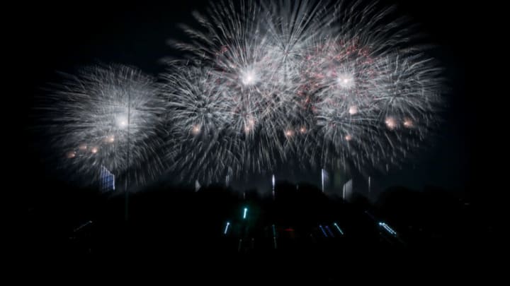 WASHINGTON, USA - JULY 4: Fireworks are set off on the National Mall over the Washington Monument, from Pentagon river entrance terrace as part of celebrations for Independence Day (4th of July), in Arlington Virginia , United States on July 4, 2021. (Photo by Yasin Ozturk/Anadolu Agency via Getty Images)