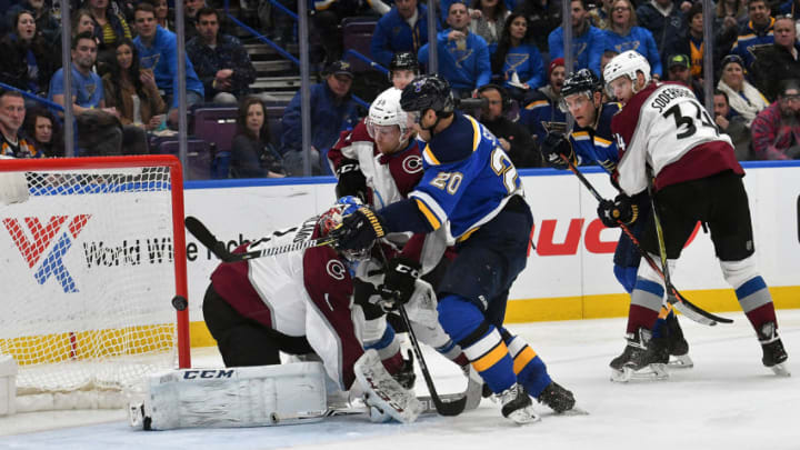 ST. LOUIS, MO - FEBRUARY 08: The Blues score on Colorado Avalanche goalie Semyon Varlamov (1) in the third period during a NHL game between the Colorado Avalanche and the St. Louis Blues on February 08, 2018, at Scottrade Center, St. Louis, MO. (Photo by Keith Gillett/Icon Sportswire via Getty Images)
