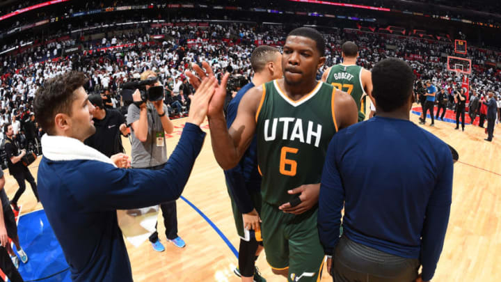 LOS ANGELES, CA - APRIL 25: Joe Johnson #6 of the Utah Jazz shakes teammates hands as he walks off the court after Game Five of the Western Conference Quarterfinals against the LA Clippers of the 2017 NBA Playoffs on April 25, 2017 at STAPLES Center in Los Angeles, California. (Photo by Andrew D. Bernstein/NBAE via Getty Images)