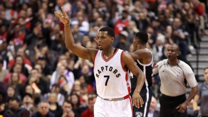 Dec 20, 2016; Toronto, Ontario, CAN; Toronto Raptors point guard Kyle Lowry (7) celebrates aafter scoring a three-pointer against the Brooklyn Nets at Air Canada Centre. The Raptors beat the Nets 116-104. Mandatory Credit: Tom Szczerbowski-USA TODAY Sports