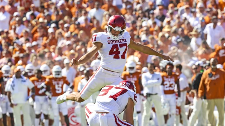 Oct 9, 2021; Dallas, Texas, USA; Oklahoma Sooners place kicker Gabe Brkic (47) in action during the game against the Texas Longhorns at the Cotton Bowl. Mandatory Credit: Kevin Jairaj-USA TODAY Sports