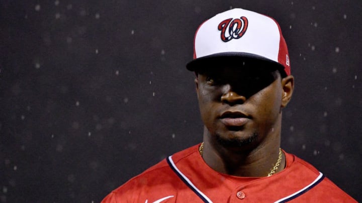 WEST PALM BEACH, FLORIDA - FEBRUARY 22: Victor Robles #16 of the Washington Nationals heads to the dugout in the second inning for a rain delay during the spring training game against the Houston Astros at FITTEAM Ballpark of the Palm Beaches on February 22, 2020 in West Palm Beach, Florida. (Photo by Mark Brown/Getty Images)