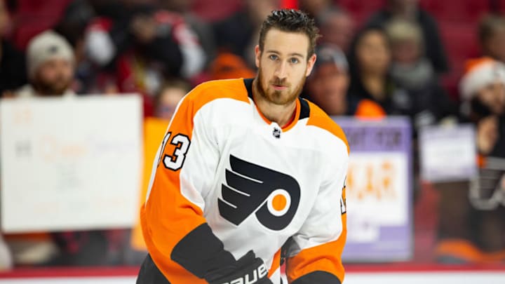 OTTAWA, ON - DECEMBER 21: Philadelphia Flyers Center Kevin Hayes (13) during warm-up before National Hockey League action between the Philadelphia Flyers and Ottawa Senators on December 21, 2019, at Canadian Tire Centre in Ottawa, ON, Canada. (Photo by Richard A. Whittaker/Icon Sportswire via Getty Images)