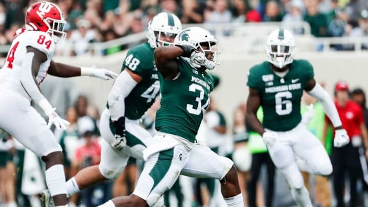 Michigan State linebacker Antjuan Simmons celebrates a tackle against Indiana during the first half at Spartan Stadium in East Lansing, Saturday, Sept. 28, 2019.Antjuan Simmons