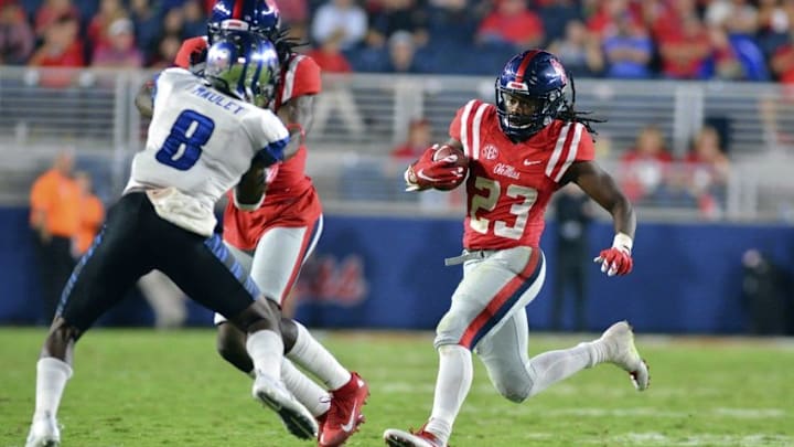 Oct 1, 2016; Oxford, MS, USA; Mississippi Rebels running back Eugene Brazley (23) runs the ball during the fourth quarter of the game against the Memphis Tigers at Vaught-Hemingway Stadium. Mississippi won 48-28. Mandatory Credit: Matt Bush-USA TODAY Sports