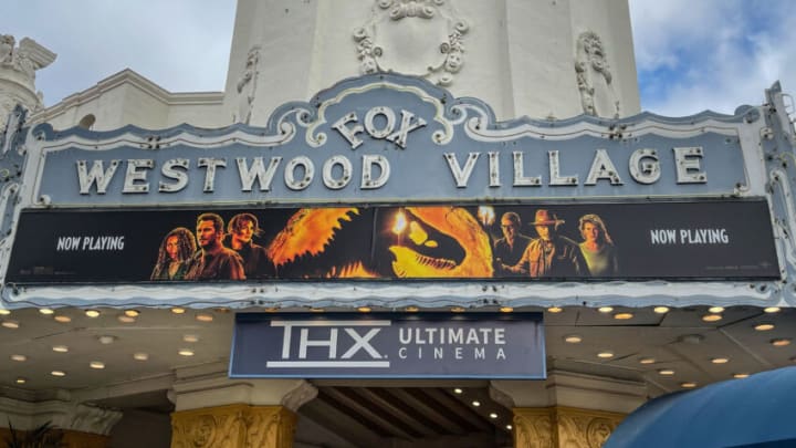 LOS ANGELES, CA - JUNE 16: The Fox Westwood Village Theater, currently playing Jurassic World Dominion, is viewed on June 16, 2022 in Los Angeles, California. Millions of tourists flock to the Los Angeles area to visit dozens of top attractions including, the beach communities, Hollywood Boulevard, and Rodeo Drive in nearby Beverly Hills. (Photo by George Rose/Getty Images)