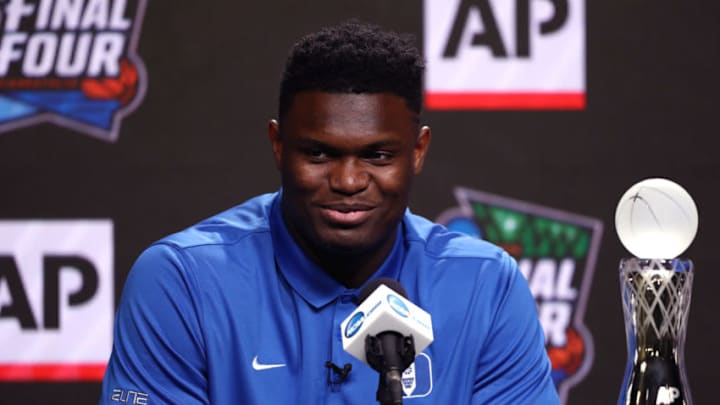MINNEAPOLIS, MINNESOTA - APRIL 05: Zion Williamson of the Duke Blue Devils speaks during a press conference after being awarded the AP Player of the Year award prior to the 2019 NCAA men's Final Four at U.S. Bank Stadium on April 5, 2019 in Minneapolis, Minnesota. (Photo by Mike Lawrie/Getty Images)