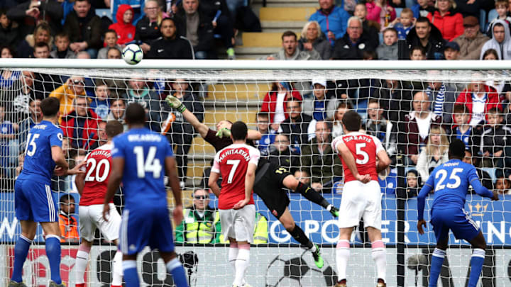 LEICESTER, ENGLAND - APRIL 28: Bernd Leno of Arsenal makes a save from Onyinye Wilfred Ndidi of Leicester City (25) during the Premier League match between Leicester City and Arsenal FC at The King Power Stadium on April 28, 2019 in Leicester, United Kingdom. (Photo by Marc Atkins/Getty Images)
