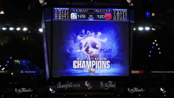 OAKLAND, CA - JUNE 12: A general view of the scoreboard after the Golden State Warriors defeated the Cleveland Cavaliers 129-120 in Game 5 to win the 2017 NBA Finals at ORACLE Arena on June 12, 2017 in Oakland, California. NOTE TO USER: User expressly acknowledges and agrees that, by downloading and or using this photograph, User is consenting to the terms and conditions of the Getty Images License Agreement. (Photo by Ronald Martinez/Getty Images)