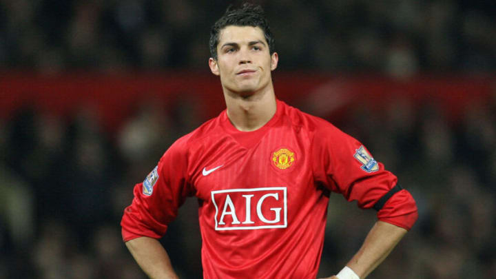 Manchester United's Portuguese midfielder Cristiano Ronaldo looks up after missing an opportunity against Birmingham City during their English Premiership football match 01 January 2008 at Old Trafford in Manchester, north-west England. AFP PHOTO/PAUL ELLISMobile and website use of domestic English football pictures are subject to obtaining a Photographic End User Licence from Football DataCo Ltd Tel : +44 (0) 207 864 9121 or e-mail accreditations@football-dataco.com - applies to Premier and Football League matches. (Photo by Paul ELLIS / AFP) (Photo credit should read PAUL ELLIS/AFP via Getty Images)