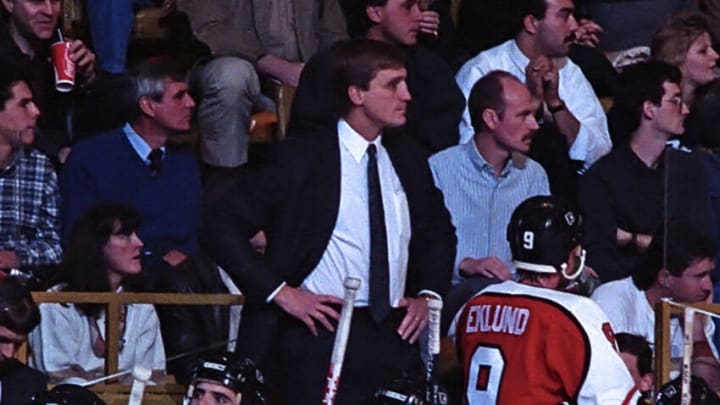 TORONTO, ON - NOVEMBER 4: Paul Holmgren head coach of the Philadelphia Flyers watches the play against the Toronto Maple Leafs during NHL game action November 4, 1989, at Maple Leaf Gardens in Toronto, Ontario, Canada. Philadelphia defeated Toronto 7-4. (Photo by Graig Abel/Getty Images)
