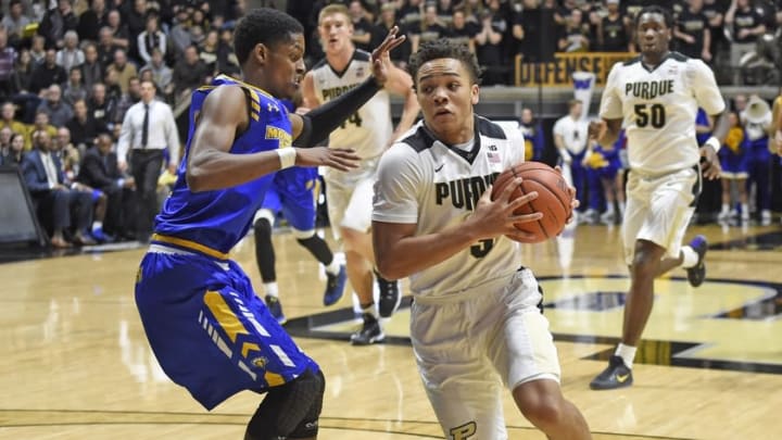 Dec 3, 2016; West Lafayette, IN, USA; Purdue Boilermakers guard Carsen Edwards (3) drives past Morehead State Eagles guard Miguel Dicent (5) in the second half at Mackey Arena. Purdue won 90-56. Mandatory Credit: Sandra Dukes-USA TODAY Sports