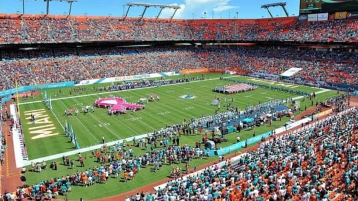 Oct 6, 2013; Miami Gardens, FL, USA; A general view of Sun Life Stadium during the national anthem before a game between the Baltimore Ravens and the Miami Dolphins. Mandatory Credit: Steve Mitchell-USA TODAY Sports