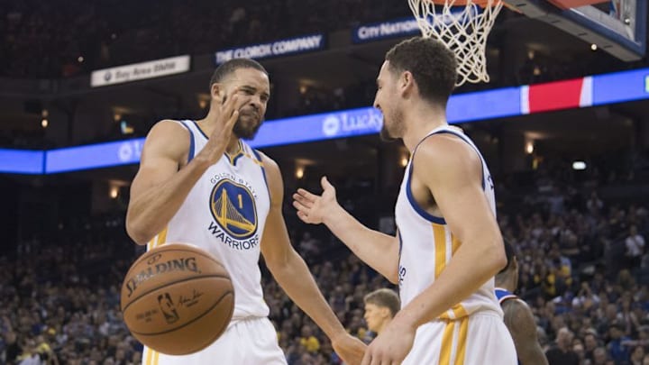 December 15, 2016; Oakland, CA, USA; Golden State Warriors center JaVale McGee (1) celebrates with guard Klay Thompson (11) during the third quarter against the New York Knicks at Oracle Arena. The Warriors defeated the Knicks 103-90. Mandatory Credit: Kyle Terada-USA TODAY Sports