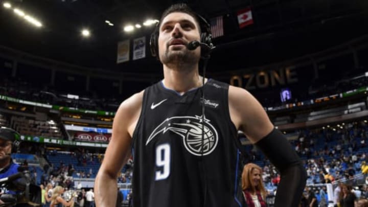 ORLANDO, FL – JANUARY 31: Nikola Vucevic #9 of the Orlando Magic talks to the media after the game against the Indiana Pacers on January 31, 2019 at Amway Center in Orlando, Florida. NOTE TO USER: User expressly acknowledges and agrees that, by downloading and or using this photograph, User is consenting to the terms and conditions of the Getty Images License Agreement. Mandatory Copyright Notice: Copyright 2019 NBAE (Photo by Fernando Medina/NBAE via Getty Images)