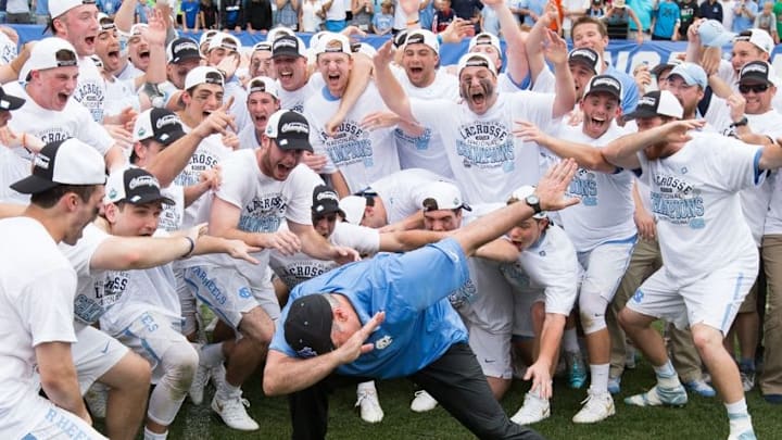 May 30, 2016; Philadelphia, PA, USA; North Carolina Tar Heels head coach Joe Breschi (C) dabs with his team after winning the national championship against the Maryland Terrapins at Lincoln Financial Field. The Tar Heels won 14-13 in overtime. Mandatory Credit: Bill Streicher-USA TODAY Sports